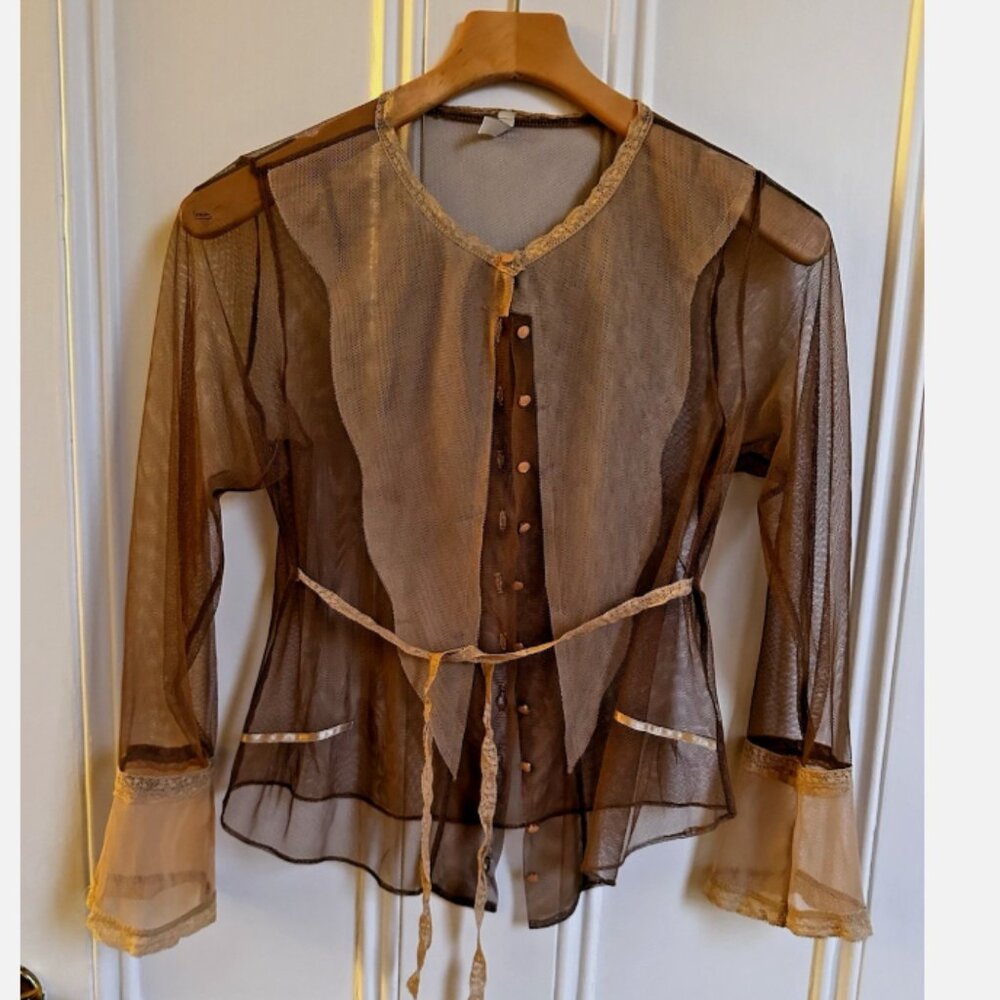 C.C. Outlaw Taupe sheer mesh and lace button up blouse size Large Boho Chic
